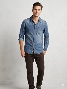 Mens Denim Button-Up Shirt in Medium Blue Jean